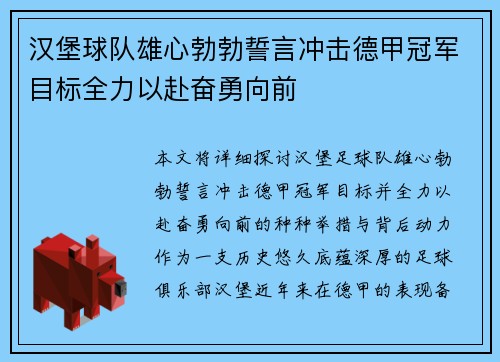 汉堡球队雄心勃勃誓言冲击德甲冠军目标全力以赴奋勇向前